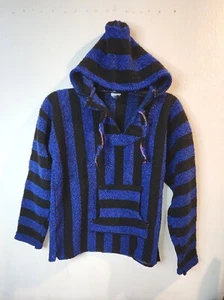 Mexican Poncho Jacket Youth XL BLue and  Black Hippie Pocket(kids Size) - Picture 1 of 13