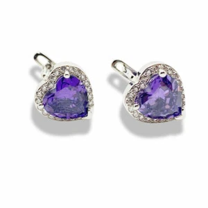 White gold finish heart amethyst and created diamond stud earrings gift boxed - Picture 1 of 4