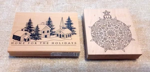 Large Rubber Stamps Wood Blocks (2) Home for the Holidays & Ornament - Picture 1 of 4