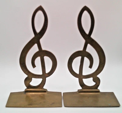 Vintage Solid Brass Treble Clef Bookends by Silvestri Made in Korea Great Patina - image 1 of 4