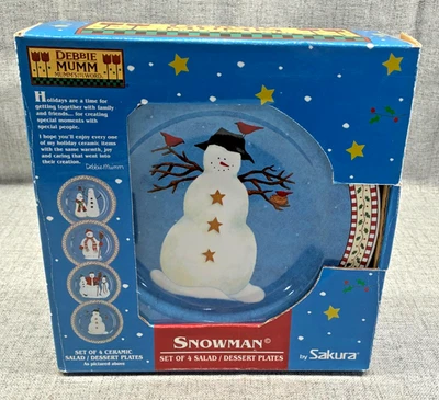 Debbie Mumm SNOWMAN Ceramic Salad Dessert Plates Christmas Sakura NEW Set of 4 - Image 1 of 4