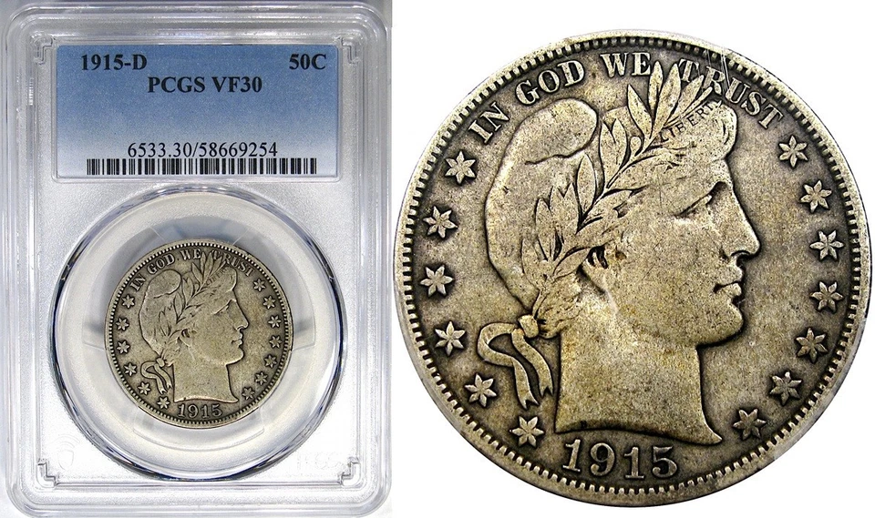 1915-D 50C PCGS VF30 BARBER HALF ~ EXCEPTIONALLY SMOOTH ORIGINAL! - Image 1 of 4