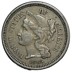 1865 Three Cent Nickel Extra Fine XF Civil War Era - Picture 1 of 2