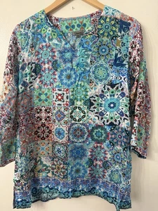 Shana Floral Viscose Silk Shirt Blouse Bohemian Colorful Mosaic Artsy M India - Picture 1 of 9