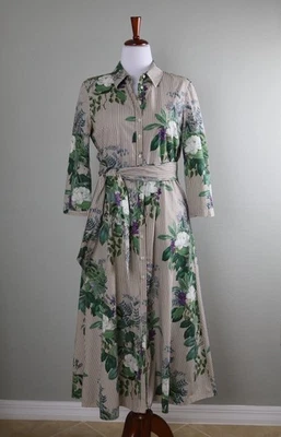 ZARA 女式华丽条纹花卉印花蝴蝶结腰带迷笛衬衫连衣裙,尺寸 L — 第 1/4 张图片