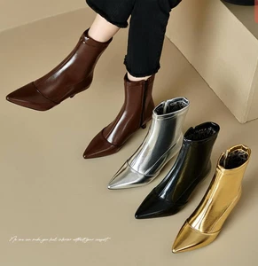 Botas al tobillo para mujer punta gatito tacón cremallera lateral zapatos brillantes  - Imagen 1 de 22