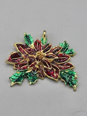 Poinsettia Flower Pendant Red Green Enamel Gold Tone Holiday Christmas - Image 1 of 4