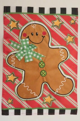 Gingerbread Man w Green Bow on Striped bgr, Stitched & printed Nylon Garden Flag - Image 1 of 2