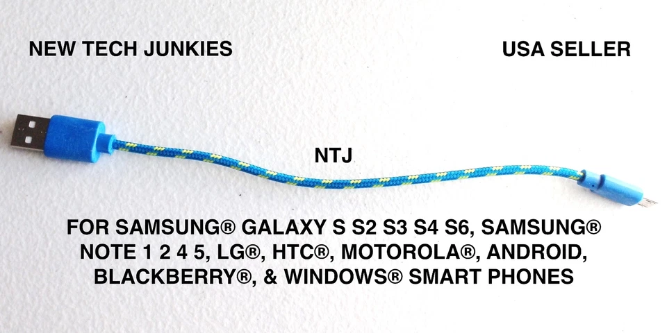 SHORT 8" Braided MICRO USB power cord Charger Cable for Galaxy s3 s4 s6 s6+ s7 - Image 1 of 4