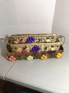 Vintage Set of 3 Nesting Raffia Floral Woven Casserole Baskets Lined and Handled - Picture 1 of 10