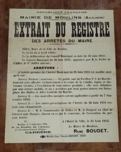 très rare Affiche arrêté mairie de Moulins Allier 31 août 1934 régionalisme - Imagen 1 de 4