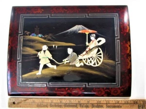 VINTAGE ASIAN BLACK LACQUER SHELL INLAY HANGING PANEL BONE RICKSHAW WOMAN - Picture 1 of 7