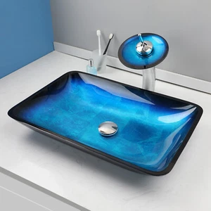 Fregadero de baño de vidrio templado rectangular lavabo azul tocador lavabo de hotel - Imagen 1 de 7