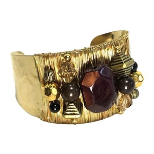 Wire Wrapped Gold Tone Metal Cuff Bracelet Embellished Gold Tone and Brown Beads - Picture 1 of 9