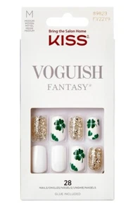 KISS VOGUISH Fantasy Medium Length Green and White Shamrock Nails x1 - Picture 1 of 4