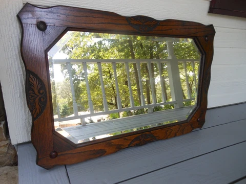 Nice Older Carved Accented Oak Framed 8-Sided Mirror F/England 32" X 20" Cover