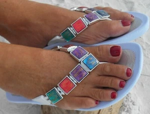 GRANDCO SANDALI VETRO COLORATO PERIZOMA A V PIETRE PREZIOSE Bling BASE BIANCA Infradito - Foto 1 di 3