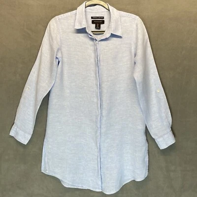 TAHARI 100% Linen Top Womens Size Small Roll Tab Sleeve Blue Shirt Dress - Image 1 of 4