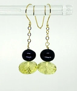 14k Yellow Gold Lemon Quartz and Black Freshwater Pearl Dangle Earrings - Picture 1 of 6