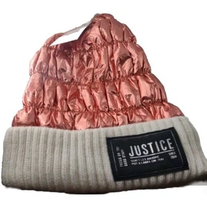 Justice Girls Hat Beanie Rose Gold Metallic Puffer Quilted Pom Pom Faux Fur Hat - Picture 1 of 5