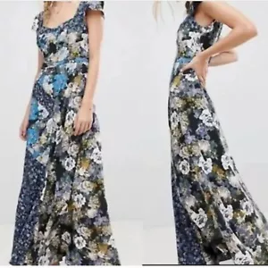 Free People La Fleur Maxi Floral Dress Blue Size 6 Boho Patchwork Cottage NWT - Picture 1 of 16