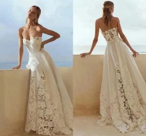 Sexy vestido de novia de encaje romántico línea A sin espalda simple satinado playa - Imagen 1 de 8