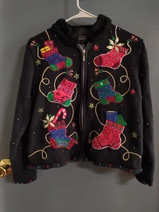 Designers Studio Originals Ugly Christmas Jacket Full Zip Stockings Embellished - Picture 1 of 10