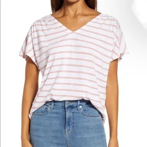 T-shirt donna Caslon bianca e rosa a righe con scollo a V taglia XXS - Foto 1 di 6