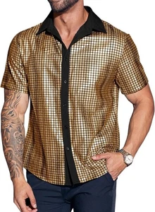 Runcati Mens Disco Shirt 70s Short Sleeve Button Down Sequin Metallic Costume - Picture 1 of 8