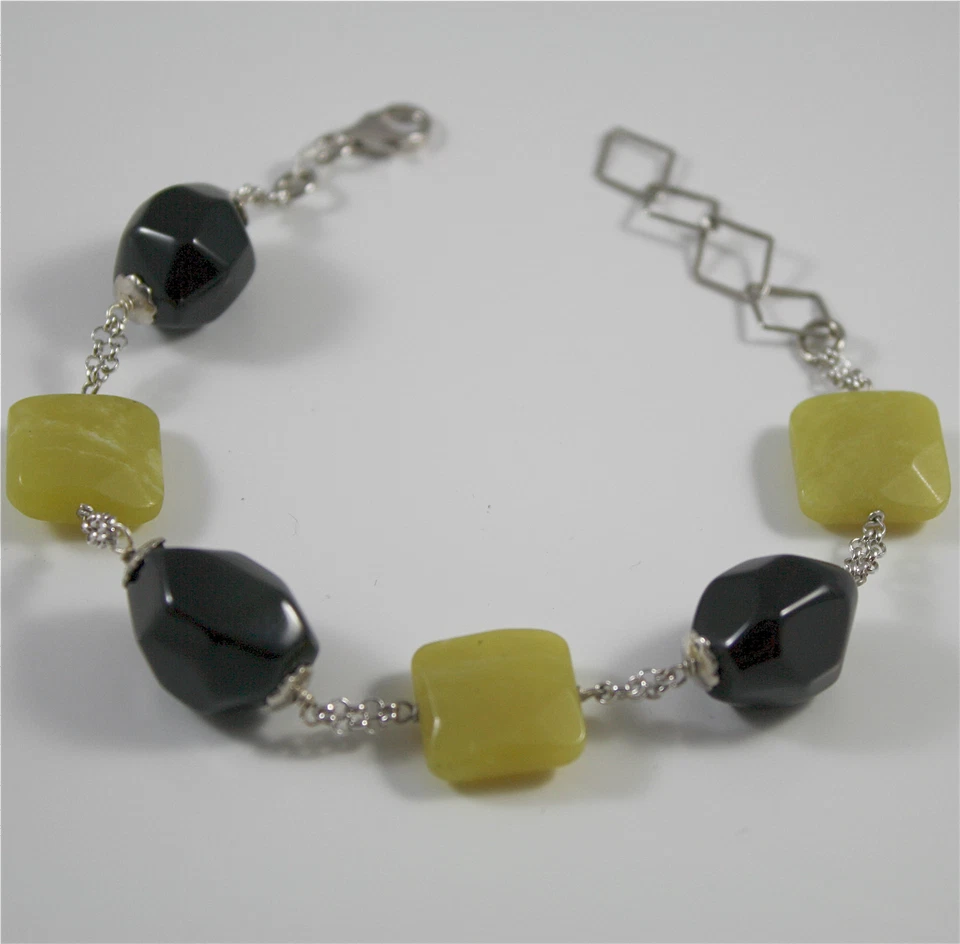 Pulsera de Plata 925 Rodiado con Jaspe Cuadrado Y Ónix Negro Facetada - Imagen 1 de 1