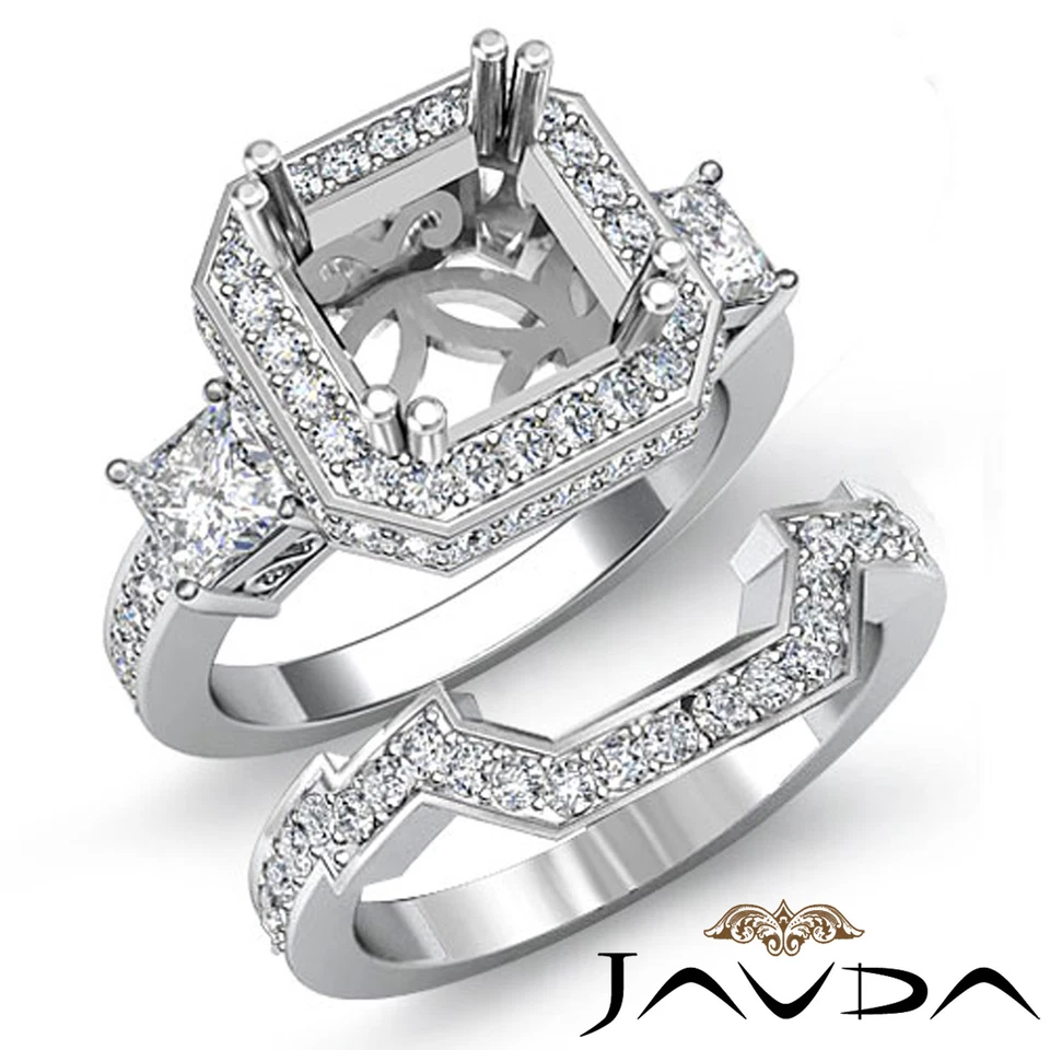 Diamond Engagement 3 Stone Halo Setting Ring Bridal Sets 18k Gold White 1.5Ct - Image 1 of 4