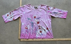 Vintage Y2K Take Two Clothing Co. Pink Sequin Floral Dragonfly Garden Shirt Sz M - Picture 1 of 7