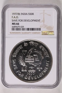 1977 India silver 50 Rupees FAO Save for Development - NGC MS 66 - Picture 1 of 2