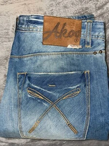AKOO Brand Blue Jeans Men's 38 X 33 Relaxed Bootcut Distressed Bleached RN98011 - Picture 1 of 10