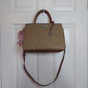 Guess Brown G Signature Print Satchel Coated Canvas Faux Leather Preppy Handbag - Picture 1 of 17