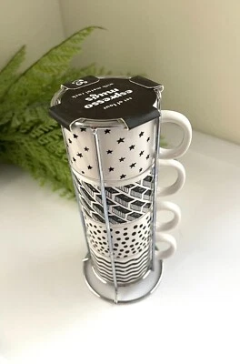 Conjunto de 4 xícaras de café expresso Demitasse preto e branco empilháveis listras estrela bolinhas - Imagem 1 de 4