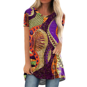 Boho Womens Floral Short Sleeve T-Shirt Ladies Casual Loose Tunic Top Blouse Tee