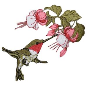 Hummingbird Applique Patch - Pink/White Flowers, Bird Badge 3-5/8" (Iron on)