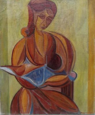 Period 1940's ANTIQUE CUBIST OIL PAINTING Of Lady Reading By JACQUEMAIN • 388.14$