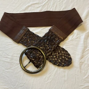 Guess Brown Leather And Elastic Wide Belt With Gold Women’s Medium Bold Braided - Picture 1 of 7
