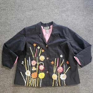 Indigo Moon Jacket Blazer Womens 1X Black Floral Embroidery Art Lagenlook Casual - Picture 1 of 10