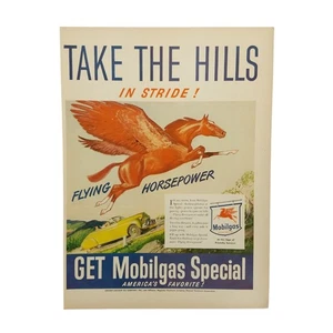 1947 Mobilgas Special Vintage Print Ad Flying Horsepower Pegasus Take The Hills - Picture 1 of 2