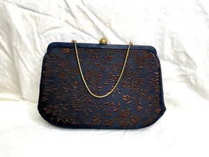 Vintage 1920’s Evening Clutch Purse Black Satin With Brown Floral Embroidery - Picture 1 of 8