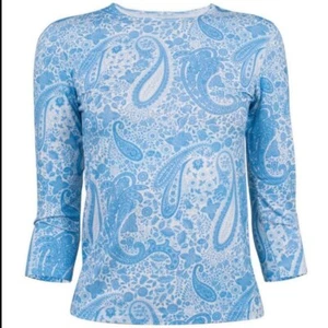 Leggiadro Stretch Viscose 3/4 Sleeve Tee Top Shirt in Blue Dip Dyed Paisley Sz 8 - Picture 1 of 8