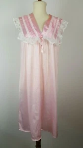 Vintage Nightgown M Bubblegum Pink Nylon frills lace Glossy Bib Med NYLON - Picture 1 of 8