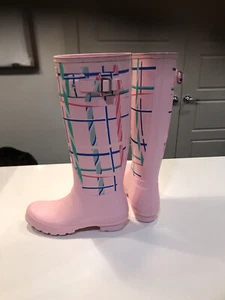 ⛈ Hunter Boots Original Tall Rock Tartan Pink Rain Boots Rubber Waterproof SZ 7 - Picture 1 of 12