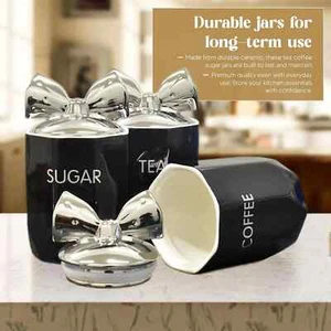 Tea Coffee Sugar Jar Black Chrome Bow Storage Set Ceramic Air Tight Canisters - Picture 1 of 12
