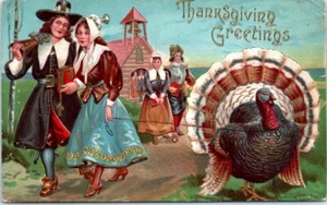 1910s Thanksgiving Postcard P. Sander Pilgrims Turkey on Leash - Picture 1 of 2