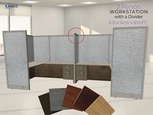 GOF 2 Person Workstation Cubicle w/ Desk+Pedestal (6Dx14Wx6H ft.) Divider Wing - Picture 1 of 39