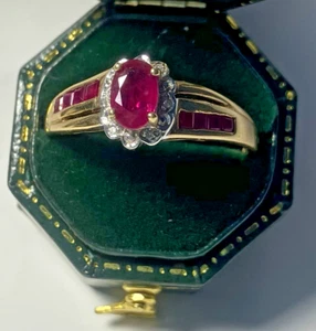 Antique Vintage Ruby Diamond Halo Ring in 10K Gold - Picture 1 of 6
